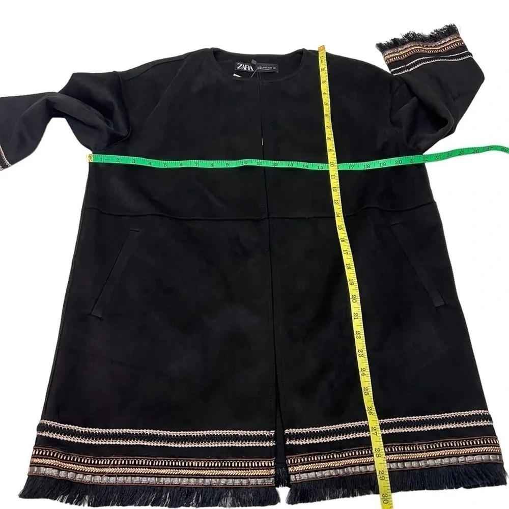 ZARA Combination Faux Suede Embroidered Fringe Hem Jacket Black